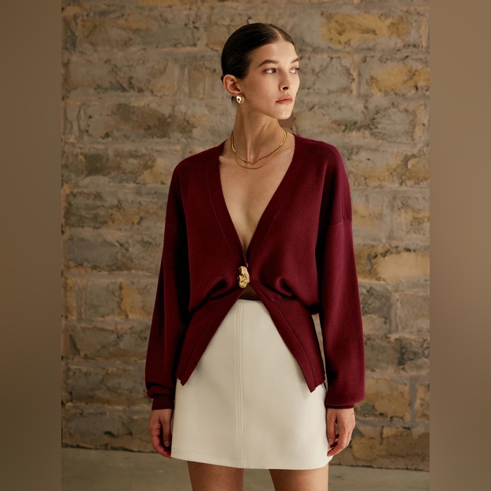 NWOT Commense Knitted Long Lantern Sleeve Single Golden Button Plain Cardigan L